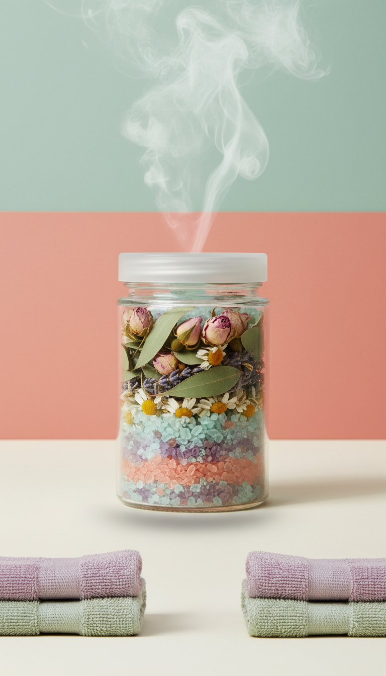 Aromatic botanical bath soak with rose petals