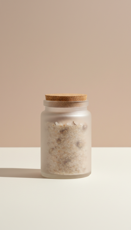 Wellness bath soak in frosted glass jar